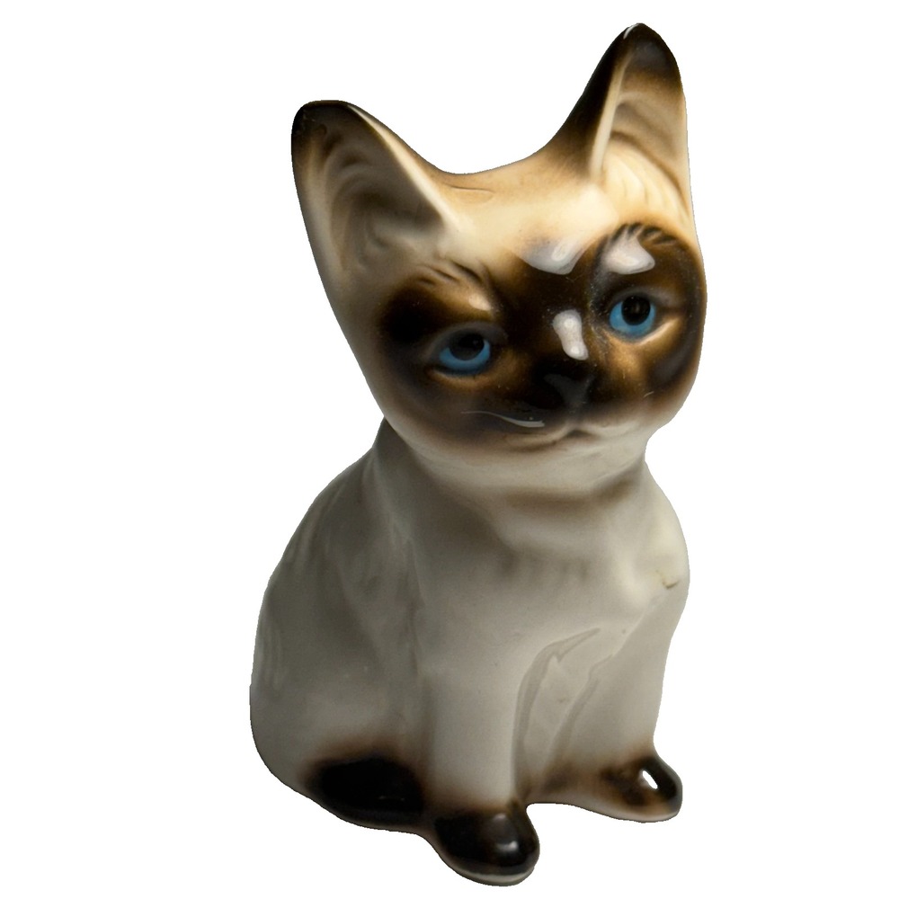 Vintage Enesco Siamese Cat Figurine Ceramic With Beautiful Blue Eyes 4" Feline!